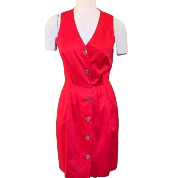 The Limited 4 Red Cotton Lined V-Neck Sleeveless Button-Front Shirt Dress 81M - Picture 4 of 10